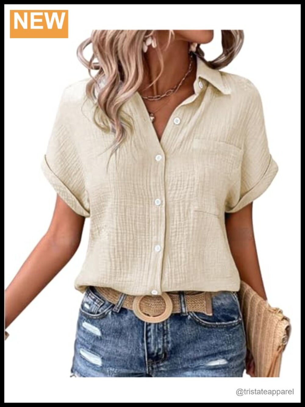 Womens Cotton Button Down Shirt Short Sleeve V Neck Blouse Summer Casual